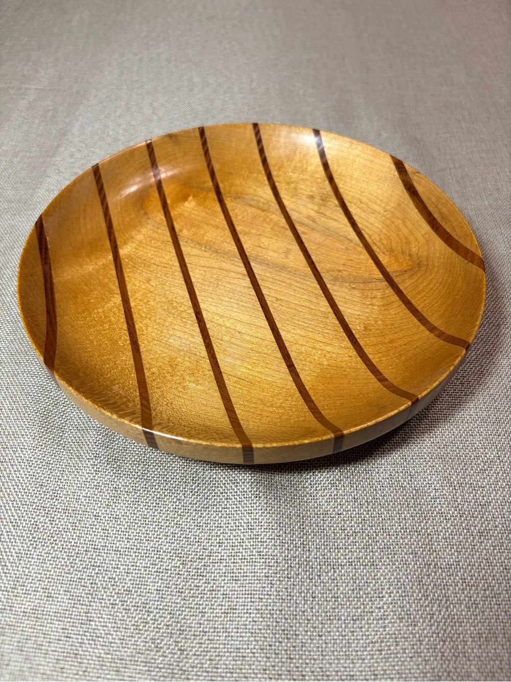 Signed Vintage Hand Turned Wooden Bowl with Inlay Stripes 8” Decorative Dish